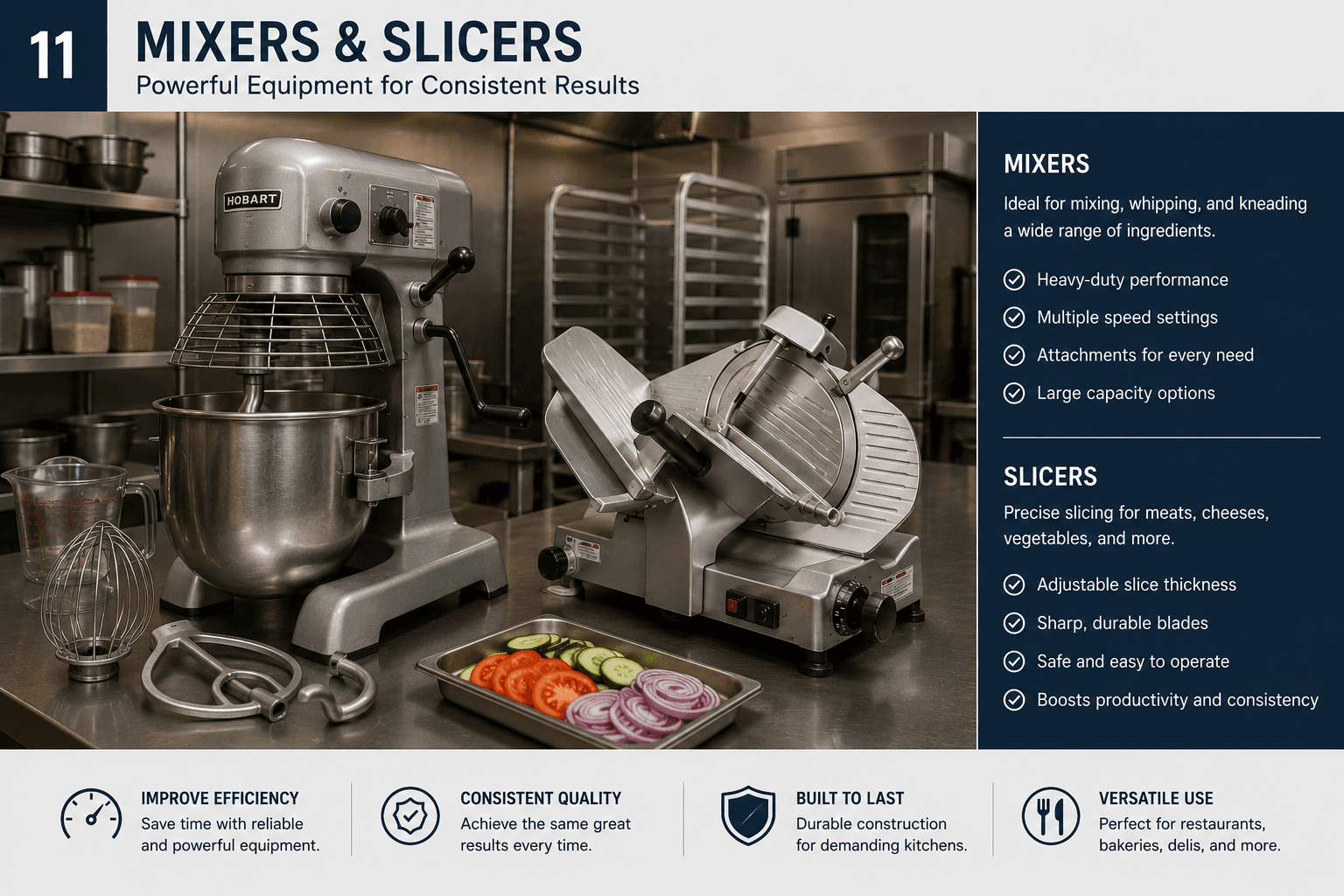 Food Preparation Equipment - Commercial mixer, meat slicer, food processor